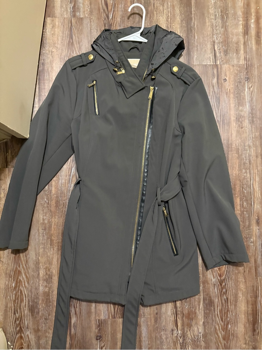Michael Kors Dark Gray Hooded Belted Trench with Gold Hardware